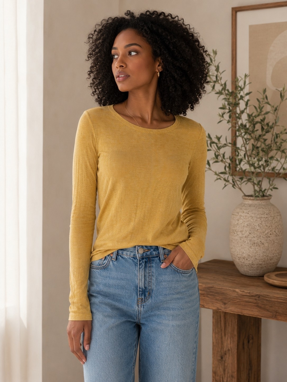 Long-Sleeve Crewneck Top in Mustard Yellow